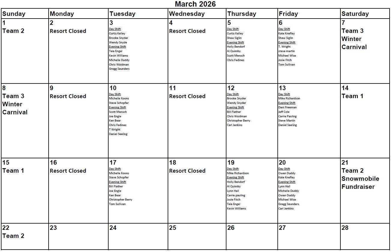 Mar Duty Calendar